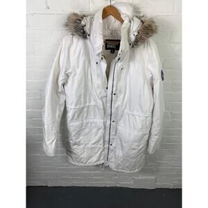 Lands' End Women's Expedition Waterproof Parka Jacket Faux Fur Hood White Sz XL